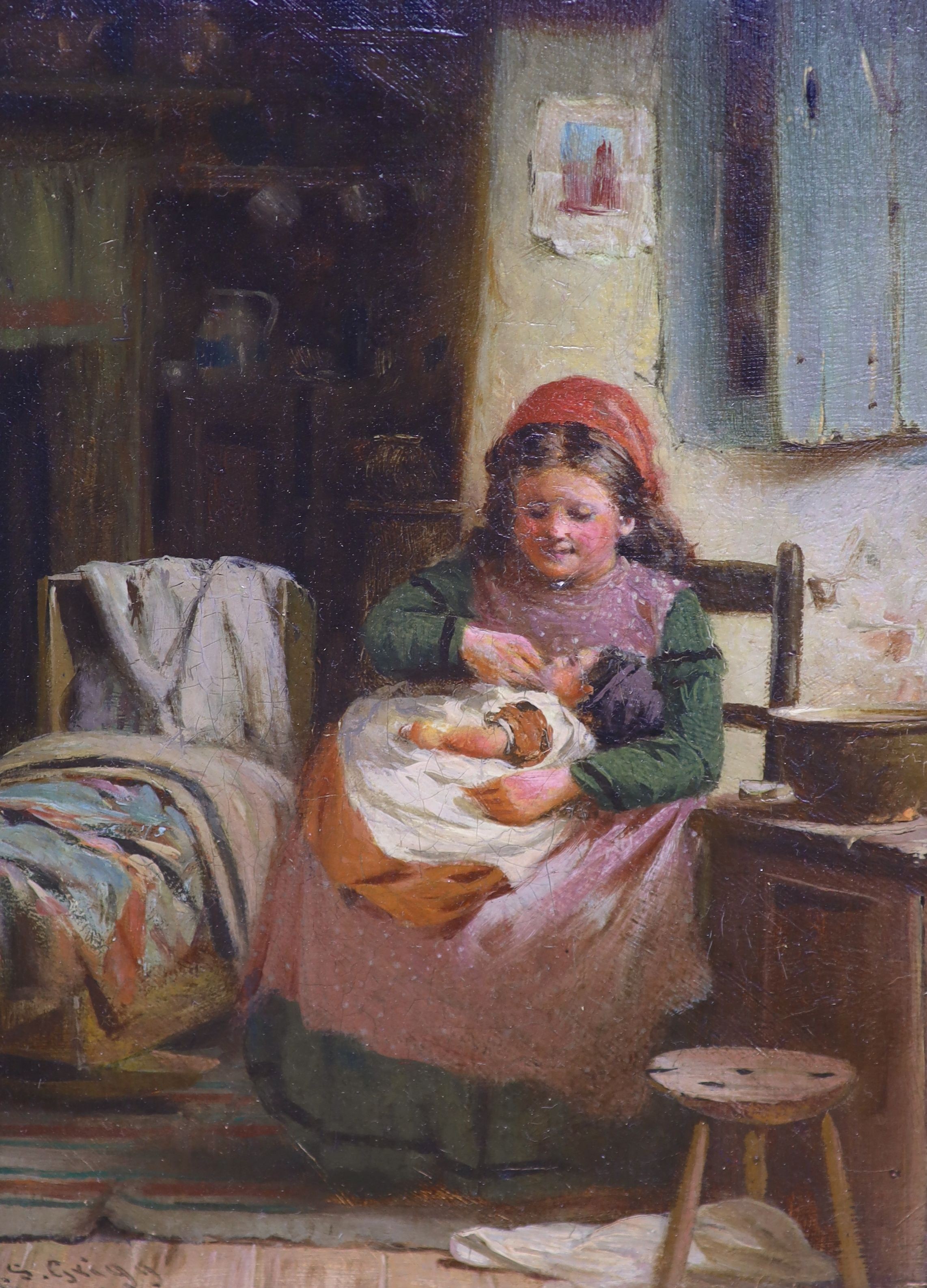 E. S. Grigg (19th C), oil on canvas, Cottage interior with mother and child, signed, 19 x 14cm.